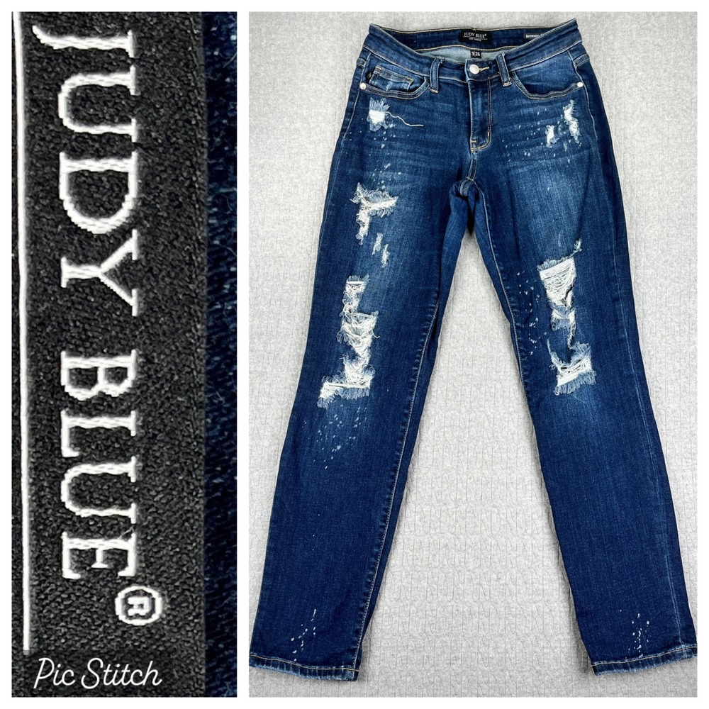 Judy Blue Boyfriend Jeans Womens 3/26 Blue Distressed Paint Splatter Denim